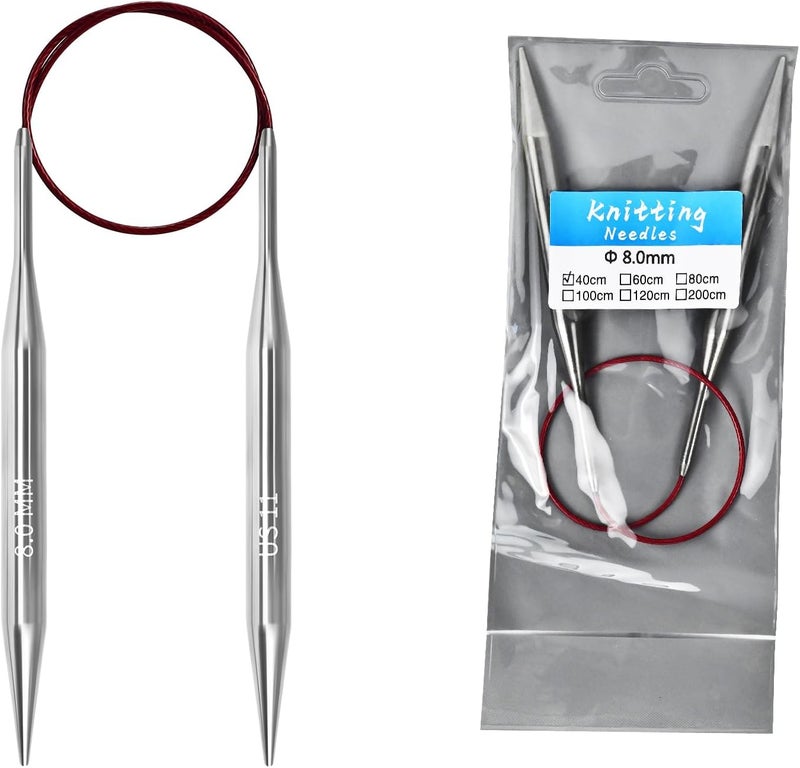 Soosui 8.0mm Circular Knitting Needles - 16-inch/40cm US11 Ergonomic Stainless Steel Set with Tangle-Free Cable and Smooth Joints, Ideal for Hats, Socks, and Sleeves - Image 1